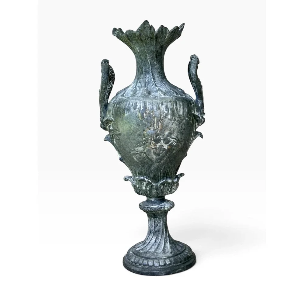 Antique French Spelter Urn Neoclassical Cherub Maiden Cast Metal Vase Paris
